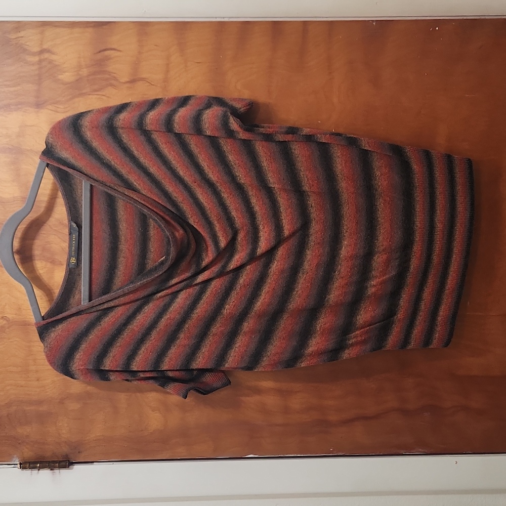 Outback Red short sleeve sweater, drapey neck, Medium, browns, horizontal stripe